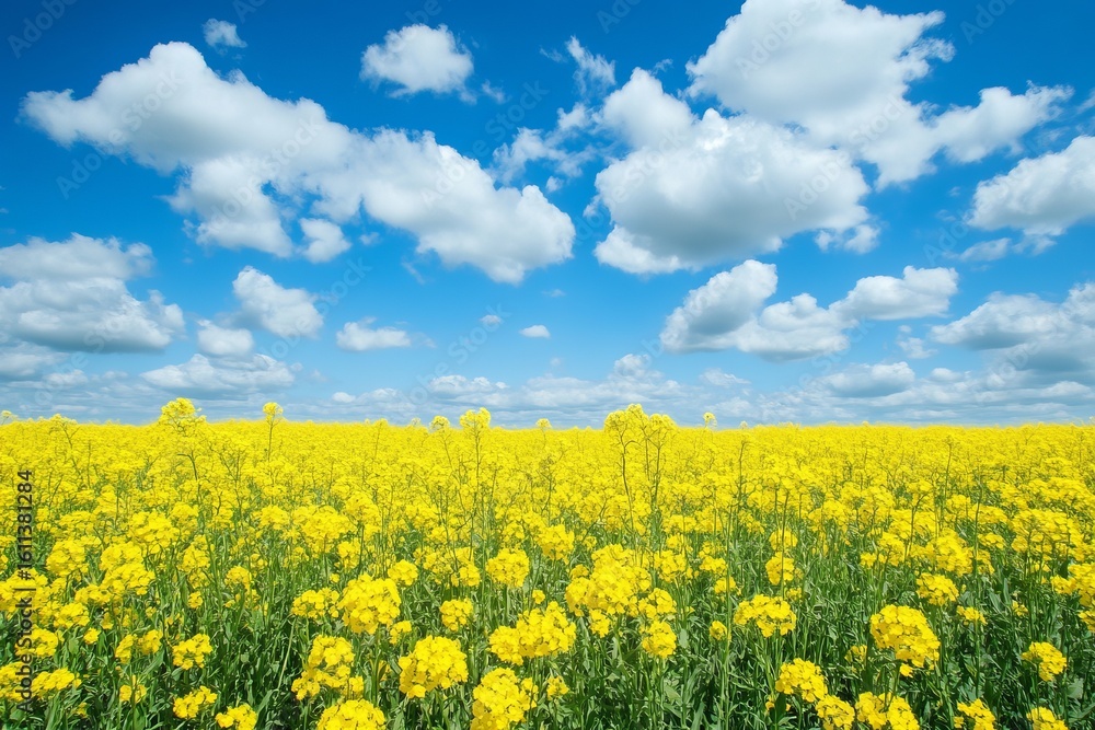 Obraz premium Yellow rapeseed flower field under blue sky with fluffy clouds in a bright sunny spring day