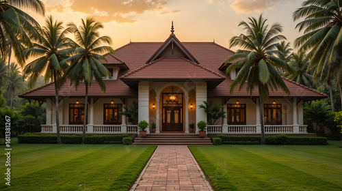 Entrance view of a Beautiful Brick Roof House in India with a lovely lawn & Coconut trees around, sun setting in the background giving a feast to the viewers eyes