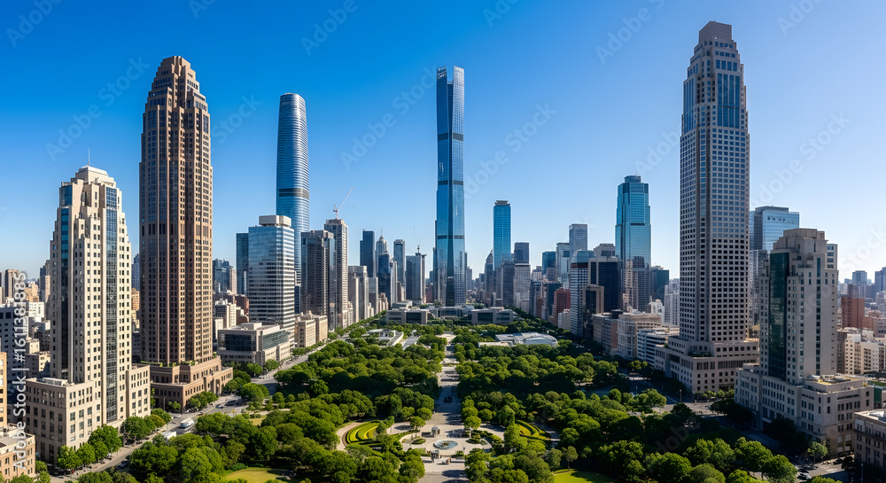 Obraz premium A city skyline with a large green park in the middle. The buildings are tall and the sky is clear