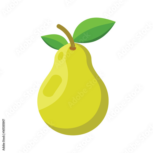 Yellow pear with green leaves and brown stem illustration
