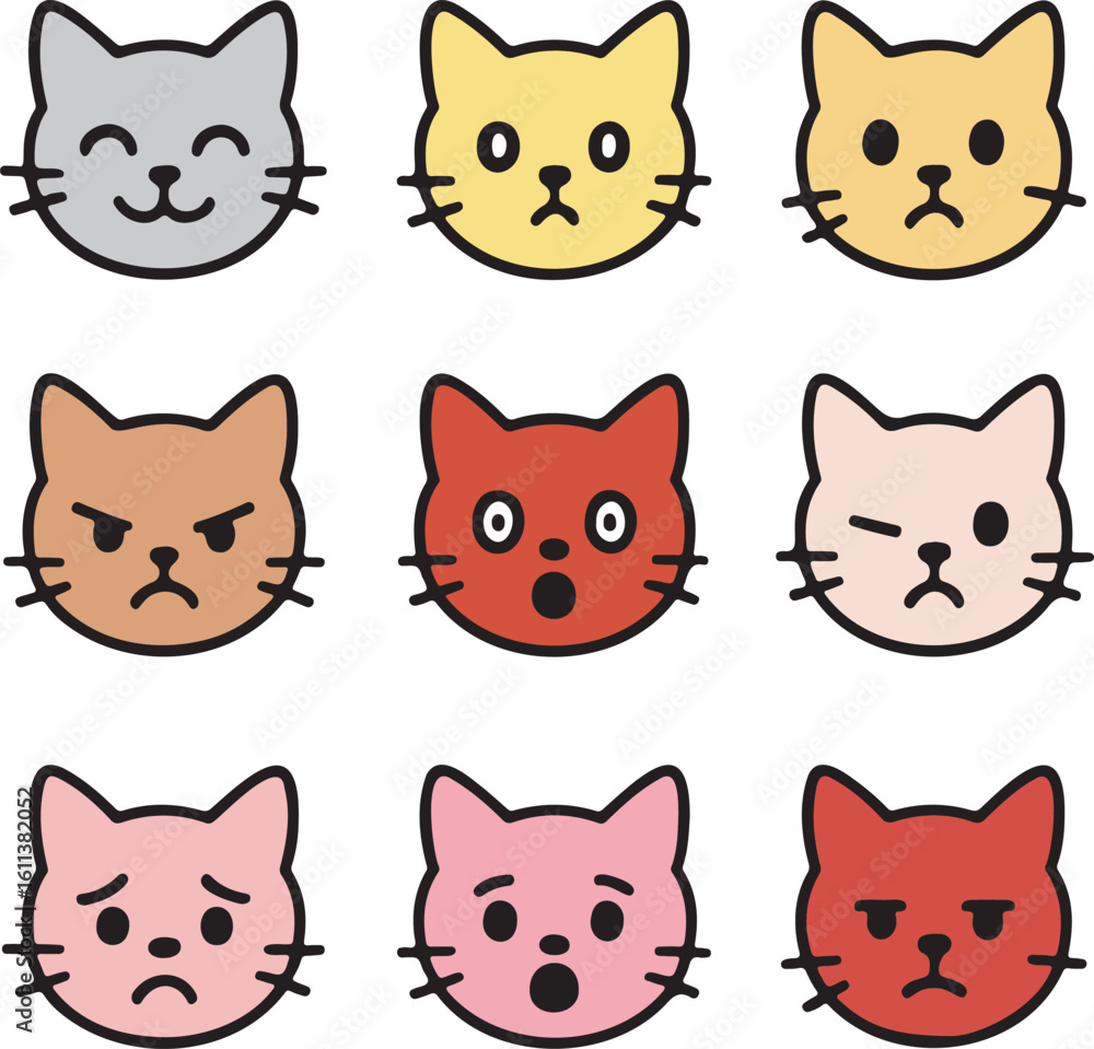 Fototapeta premium Colorful Cat Emoji Faces Pack – Fun & Expressive Vector Icons