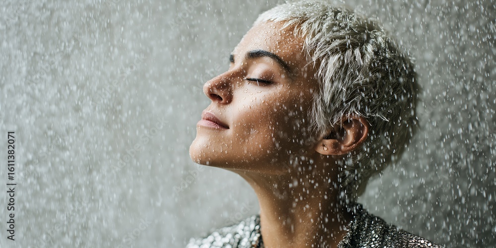 Fototapeta premium A Middle Eastern woman stands with her eyes closed, allowing rain to cascade down her face, symbolizing introspection and personal growth. The setting evokes a dreamlike atmosphere