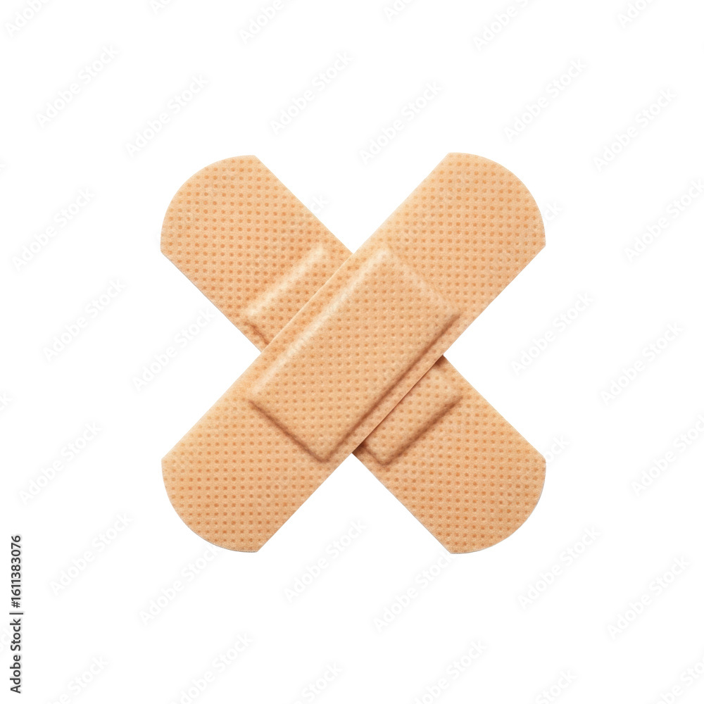 Two beige medical adhesive bandages with textured surface, central pad, forming an 'X' shape, isolated on transparent background with copy space. Studio lighting, no shadows, high angle. Concept of Two beige medical adhesive bandages with textured surface, central pad, forming an 'X' shape, isolated on transparent background with copy space. Studio lighting, no shadows, high angle. Concept of