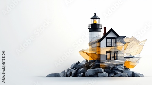 Lighthouse on a rocky islet.  A charming lighthouse stands on a cluster of rocks, with a small house nestled amongst them.  Abstract, geometric shapes surround the structure