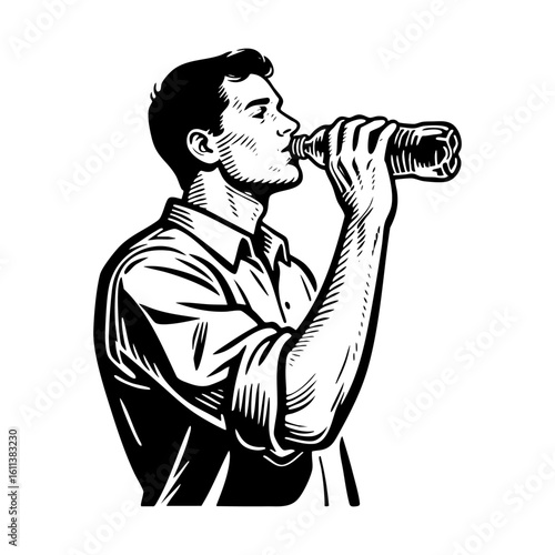 man drink mineral water from bottle sketch engraving black and white outline. Scratch board imitation. illustrated in vintage line art style on a white background.