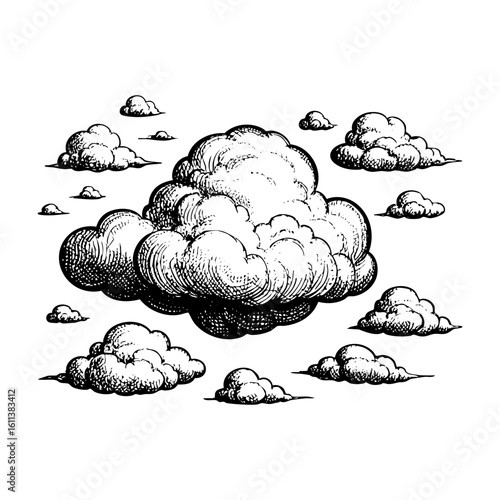 Cumulus Cloud in sunset after storm sketch engraving black and white outline. Scratch board imitation.  illustrated in vintage line art style on a white background.