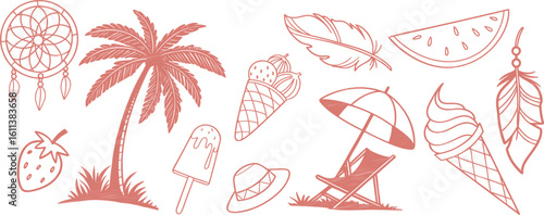 Hand-drawn summer-themed doodle set featuring palm trees, ice cream, fruits, feathers, and beach items. Perfect for seasonal designs, vacation graphics, and creative projects. Isolated on white.