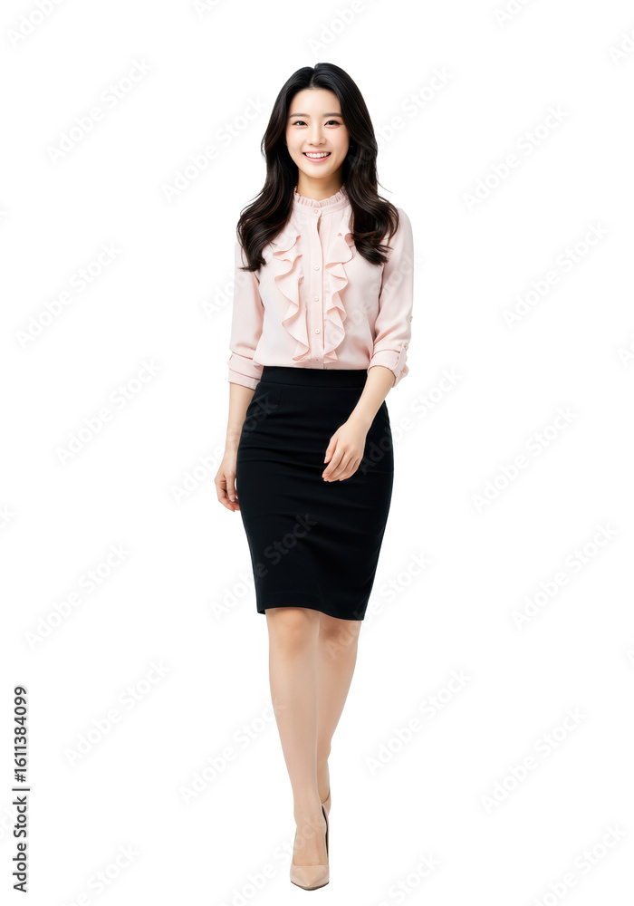 Young asian woman in pink ruffled blouse, black pencil skirt, nude heels, mid-stride, smiling confidently on transparent studio background with copy space, concept of modern corporate success for Young asian woman in pink ruffled blouse, black pencil skirt, nude heels, mid-stride, smiling confidently on transparent studio background with copy space, concept of modern corporate success for