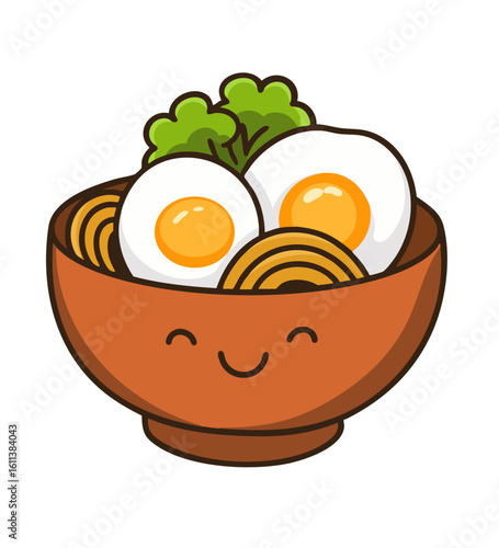 Cute egg noodles in a bowl, designed with a friendly, playful style. Perfect for kids' food illustrations and food content, with a cheerful take on a classic Japanese noodle dish.