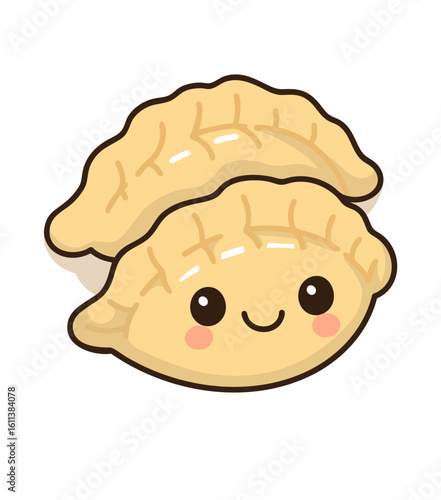 Cute gyoza dumplings, designed in a playful kawaii style. Perfect for food illustrations, especially Asian food projects or dumpling-related content.