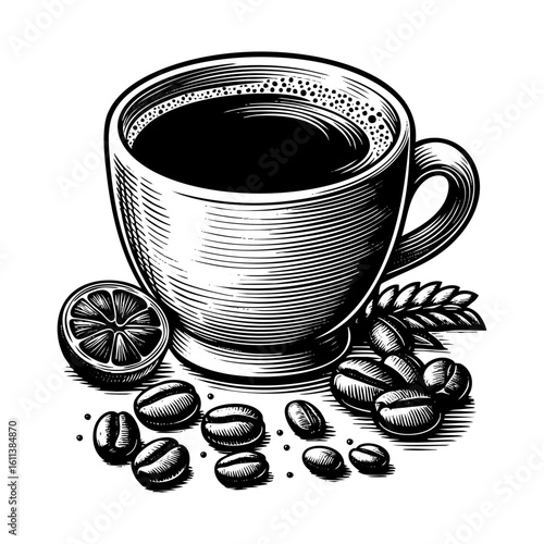 hot coffee cup engraving black and white outline. Scratch board imitation.  illustrated in vintage line art style on a white background.