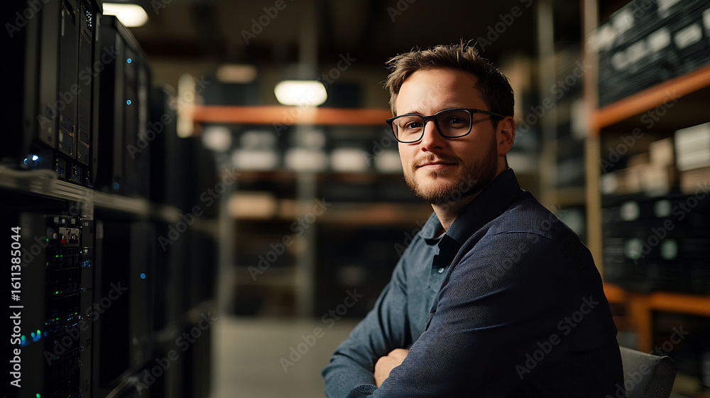 Obraz premium Confident male IT professional with glasses smiling next to a server rack in a modern dark data center