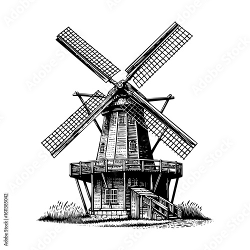 dutch windmill in farmland sketch engraving black and white outline. Scratch board imitation.