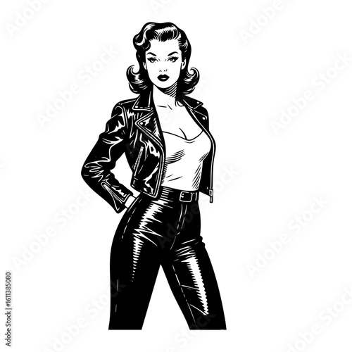 Woman wear leather jacket sketch engraving black and white outline. Scratch board imitation.  illustrated in vintage line art style on a white background.