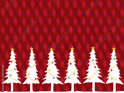 雪が降る、クリスマスツリーのフレームデザイン。クリスマスカラーのチェック柄の背景素材。