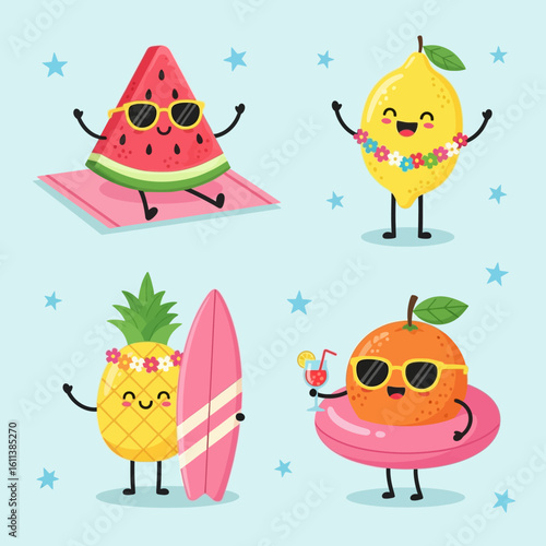 Cute Cartoon Fruit Character Vector with Inflatable Rings, Surfboards, and Tropical Accessories on a Bright Blue Summer Background