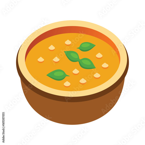 Bowl of orange curry with basil and croutons food
