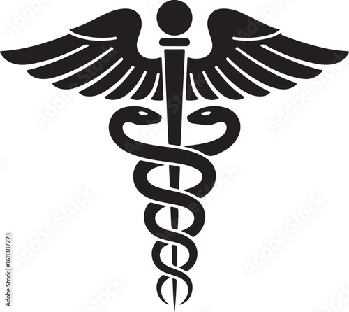 Caduceus health symbol, asclepias wand icon caduceus health silhouette vector illustration.