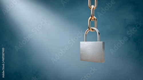 Robo-advisor and financial inclusion, A metallic padlock hangs from a chain under a focused beam of light against a blue background.