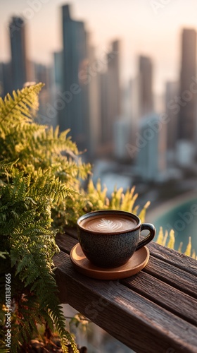 Stunning Rooftop Coffee Moment in Cityscape at Golden Hour