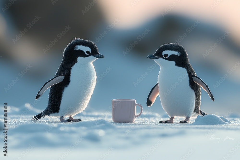 Obraz premium Two adorable penguins stand facing a small pink cup in the snow. Sunrise or sunset light