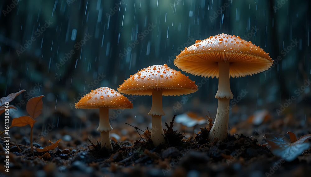 Fototapeta premium Red and white fly agaric mushrooms in an autumn forest, a poisonous toadstool fungus in nature