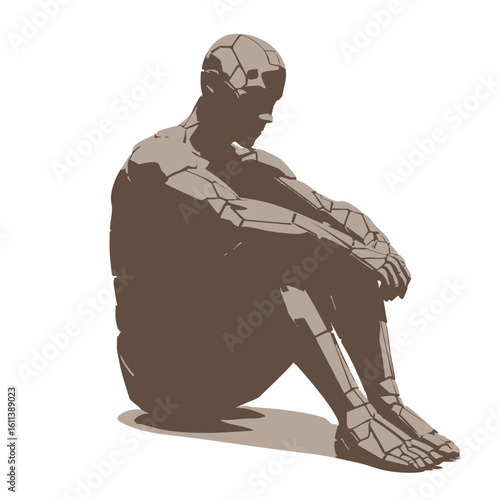 A stylized, fragmented figure of a person sitting hunched over, conveying feelings of sadness or contemplation.