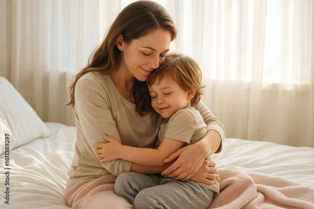 Mother cuddling child bed white sheets pastel blankets gentle morning sunlight sheer curtains cozy emotional lifestyle moment photorealistic light airy tones family love real home Mother cuddling child bed white sheets pastel blankets gentle morning sunlight sheer curtains cozy emotional lifestyle moment photorealistic light airy tones family love real home