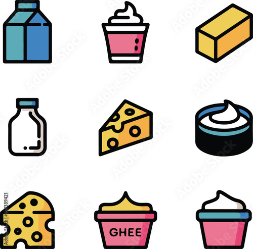 Dairy product icons milk cheese ghee yogurt butter