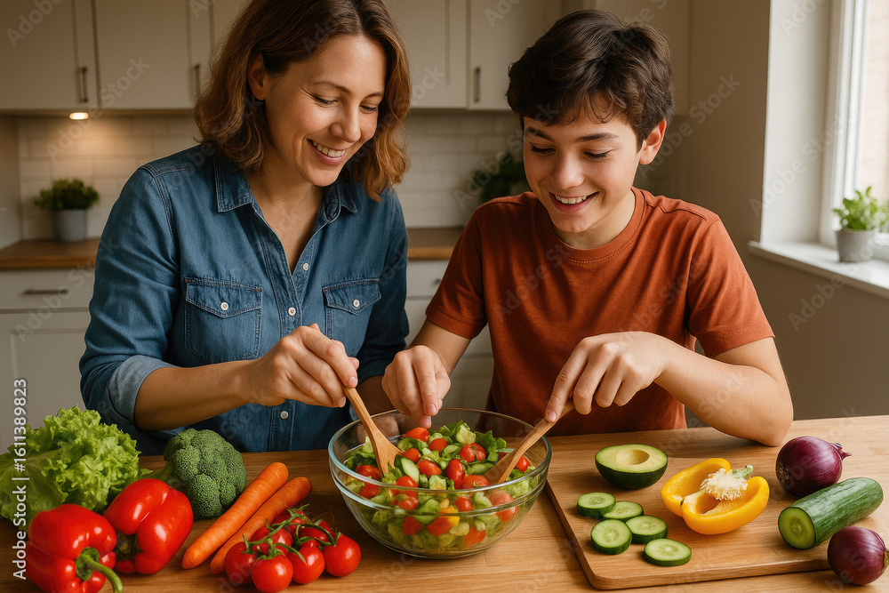 Mother and son preparing colorful salad together fresh vegetables kitchen counter overhead lighting natural daylight vibrant colors realistic lifestyle stock photo healthy family meal