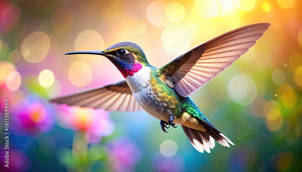 Fototapeta premium Vibrant Hummingbird in Flight Amongst Colorful Flowers