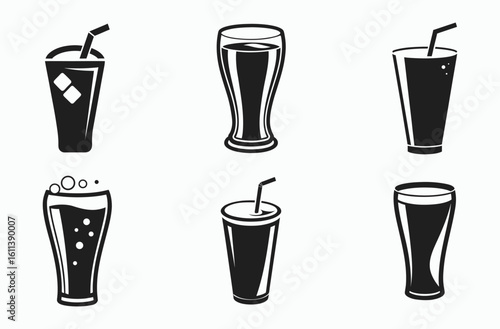 Cola glass icon silhouette set, drink with straw, beverage silhouette graphic, glass of cola and straw silhouette vector illustration 