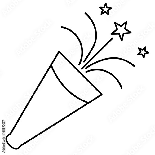 Simple line art illustration of a confetti popper exploding with streamers