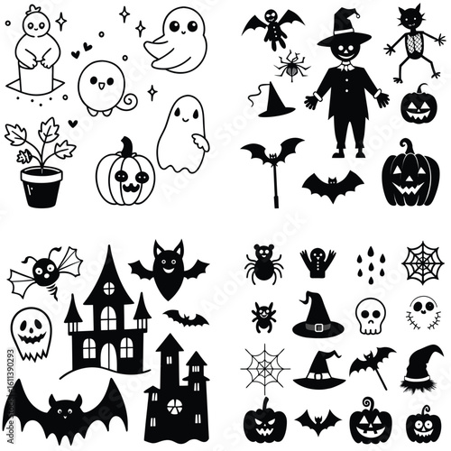 Art of a delightful collection of handdrawn halloween icons featuring ghosts, pumpkins, bats, witches, and more