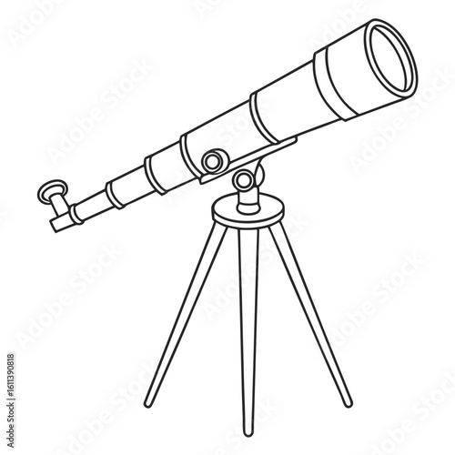 Black and white line art illustration of a refracting telescope on a tripod refractor telescope astronomical telescope