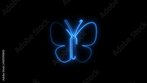Blue neon light butterfly icon against a solid black background for creative designs