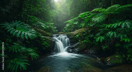 Serene waterfall cascading through lush, green rainforest foliage creates a tranquil and peaceful scene, showcasing nature's beauty and serenity