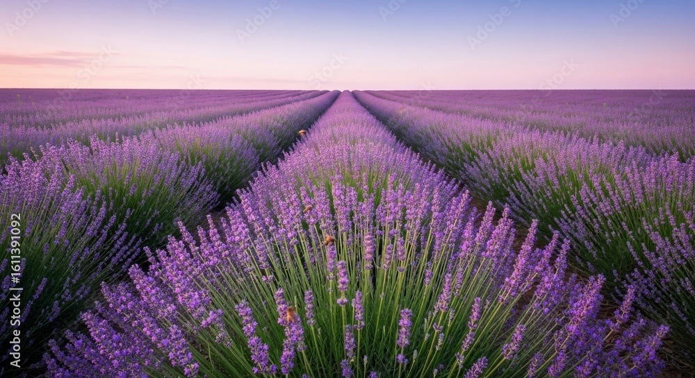 Fototapeta premium Lavender fields stretching into the horizon under a pastel sky landscape
