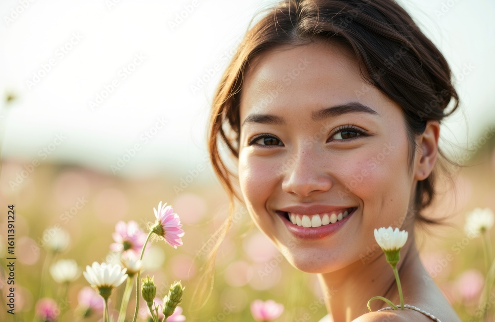 A woman smiling in a field of blooming flowers on a sunny day A woman smiling in a field of blooming flowers on a sunny day
