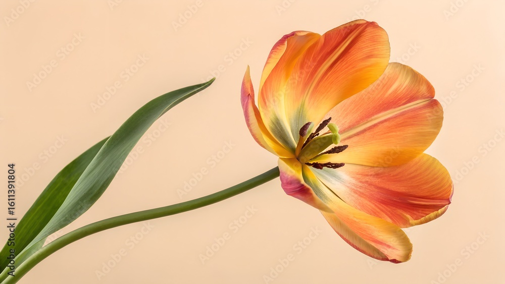 Fototapeta premium A single vibrant orange and yellow tulip flower with a green stem and leaf opens beautifully, tilting gracefully against a simple plain background.