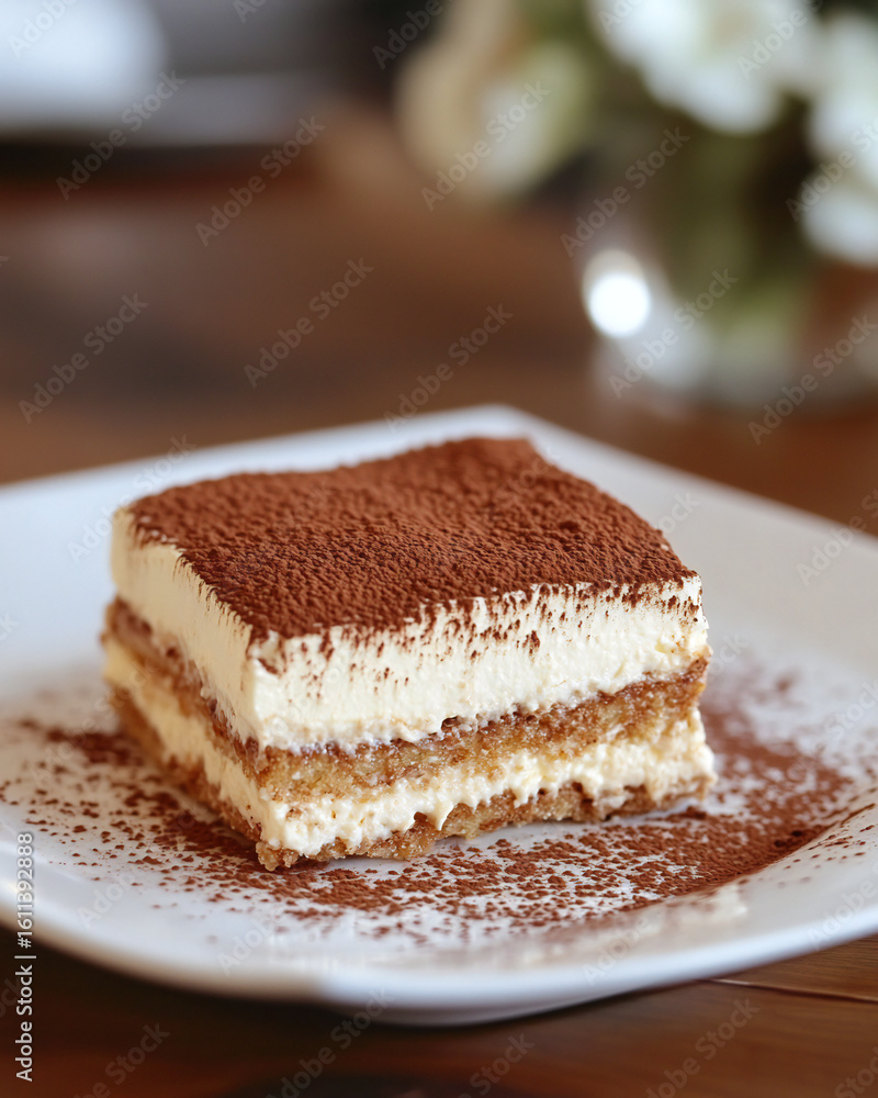 Delicious Tiramisu Dessert Square on Plate with Cocoa Powder Delicious Tiramisu Dessert Square on Plate with Cocoa Powder