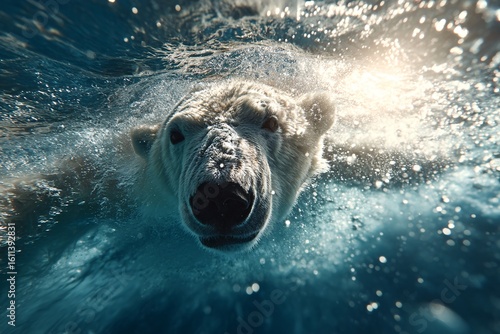 Polar Bear Swimming Underwater in Vibrant Marine Life Environment