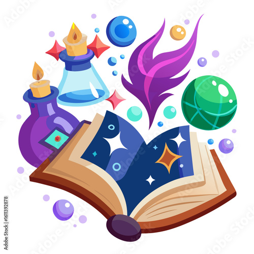 Enchanting spellbook and potion bottles for magical adventures and fantasy storytelling illustration