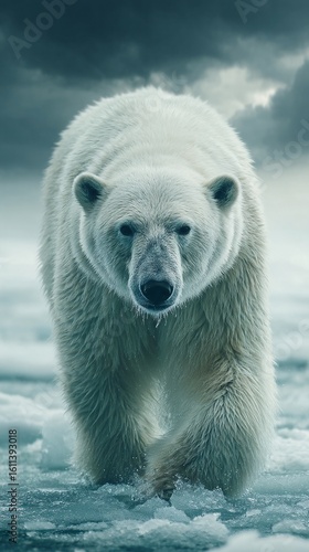 Solitary Polar Bear Walking Through Frozen Tundra Landscape
