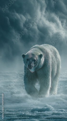 Solitary Polar Bear Walking Through Frozen Tundra Landscape Scenery