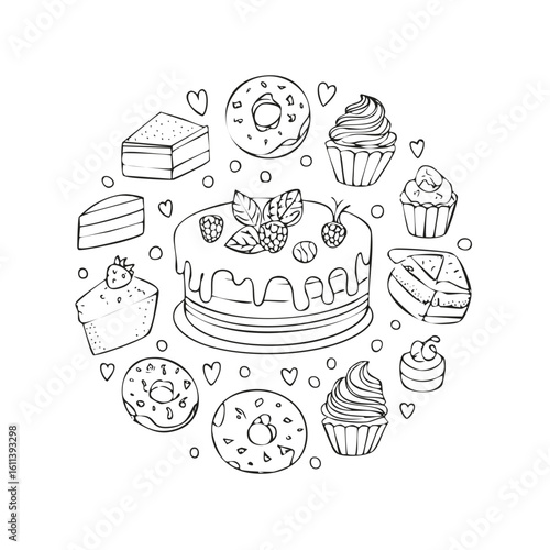 Hand-drawn desserts illustration, cake, cupcakes, donuts, sweet treats in a circle, sketch.