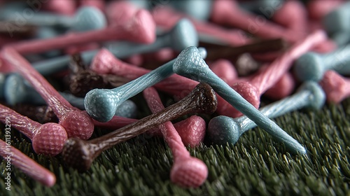 Realistic Close-Up of Colorful Flavored Golf Tees on Grass Surface
