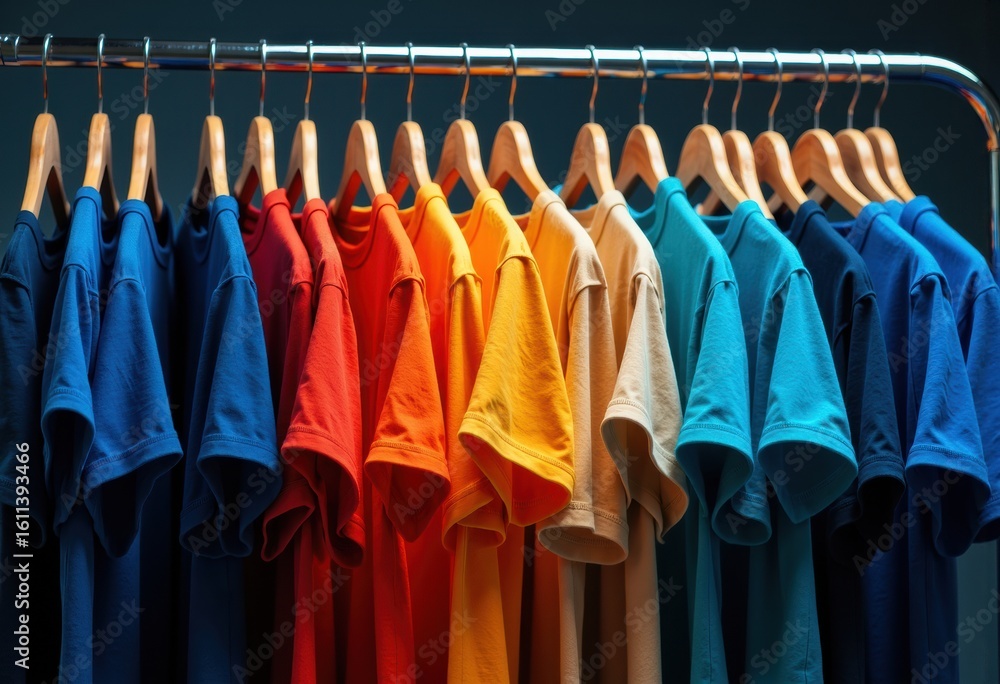 Fototapeta premium Colorful T-shirts hanging on a rack in a clothing store