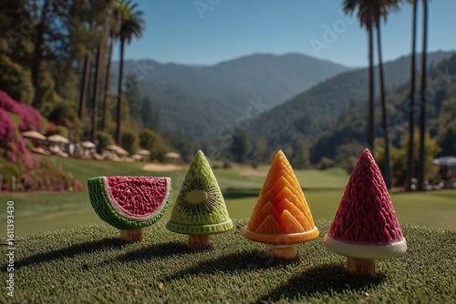 Realistic Fruit Carvings as Golf Tees on a Scenic Course
