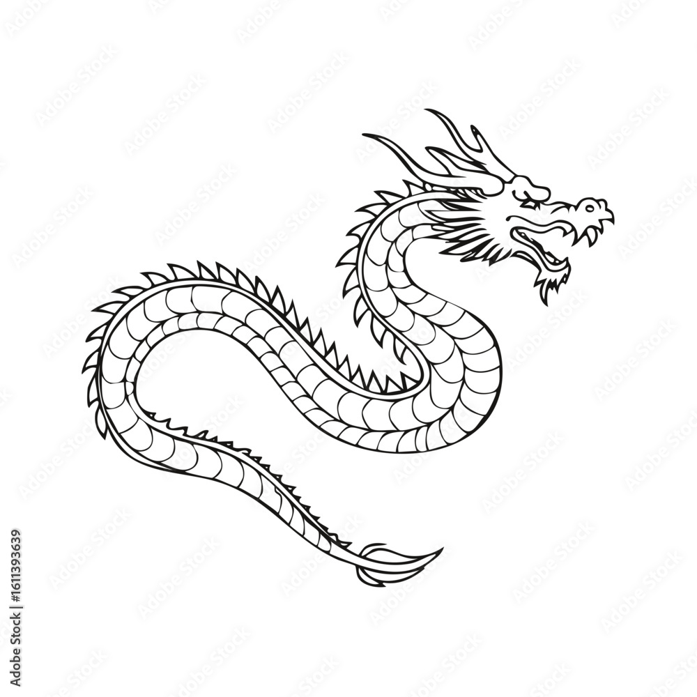 Fototapeta premium Elegant Traditional Oriental Dragon Outline Drawing Mythical Creature Icon Ancient Art Design